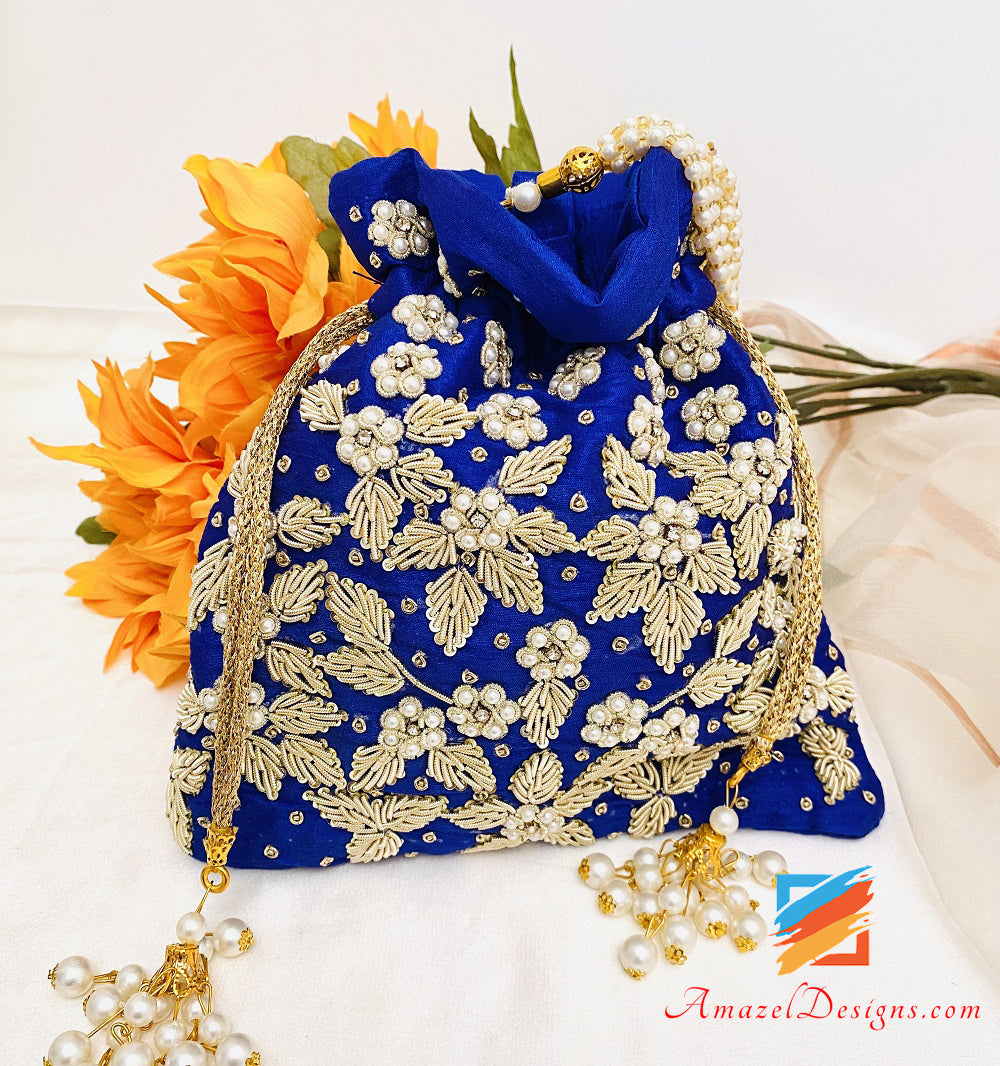 Mustard Floral Velvet Potli Bag