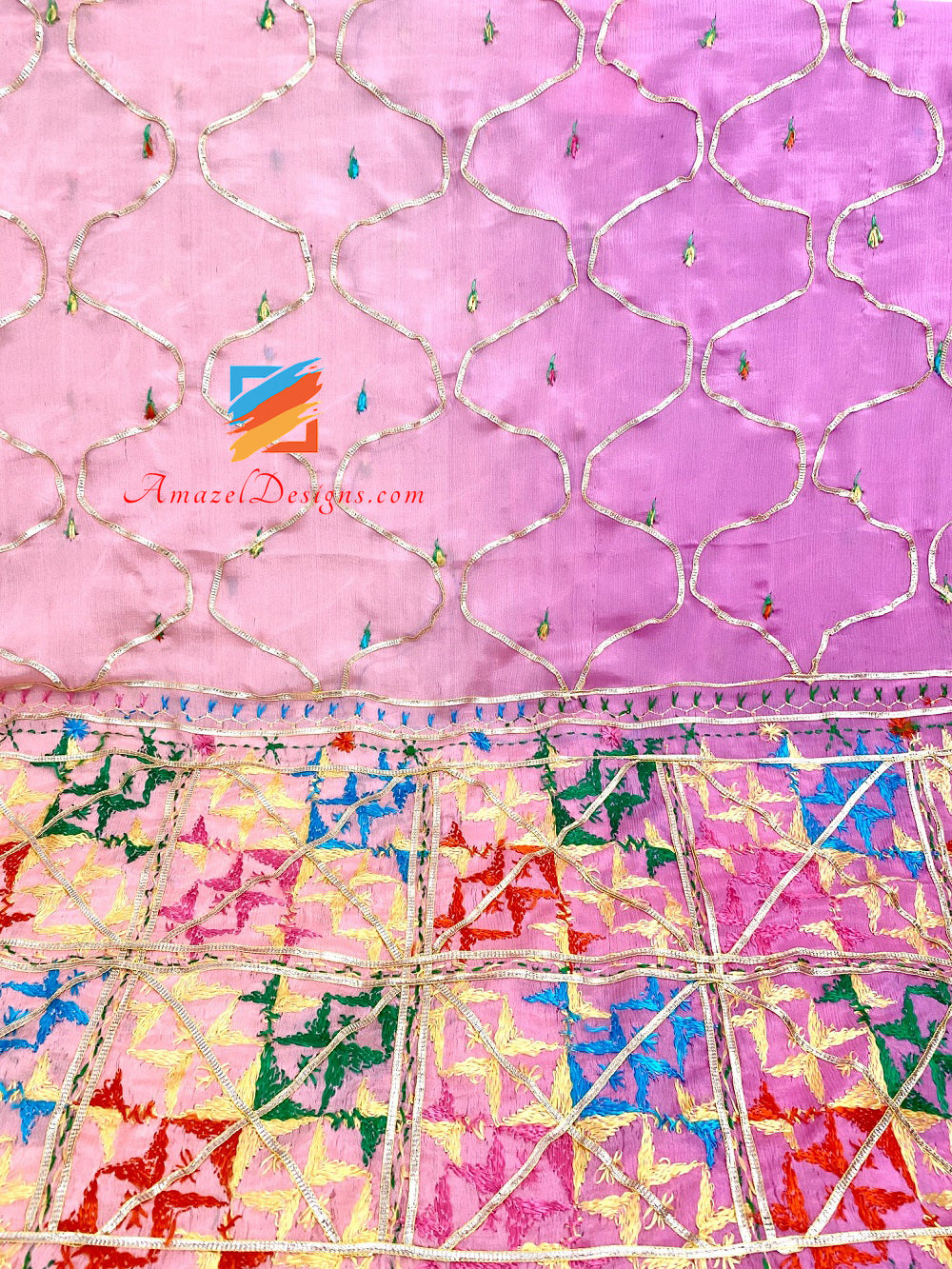 3D Aari Work Pink Peach Shades Phulkari Gotta Patti Lace