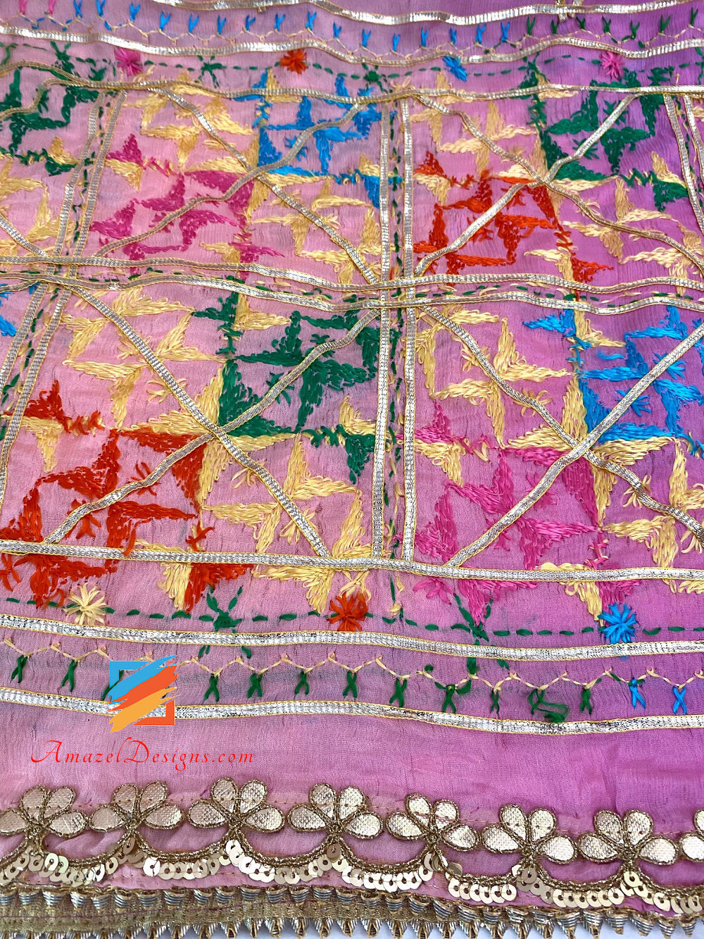 3D Aari Work Pink Peach Shades Phulkari Gotta Patti Lace