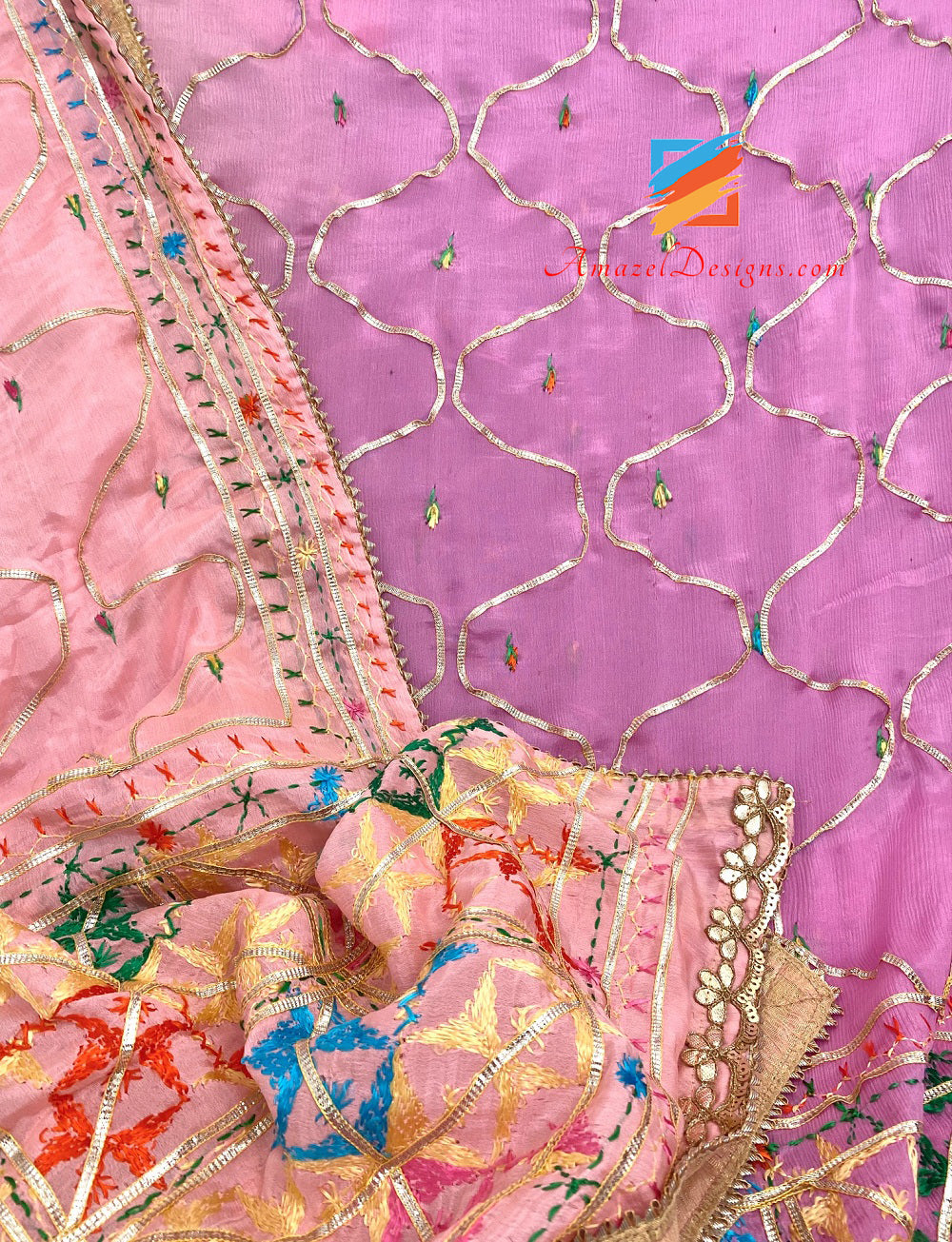 3D Aari Work Pink Peach Shades Phulkari Gotta Patti Lace