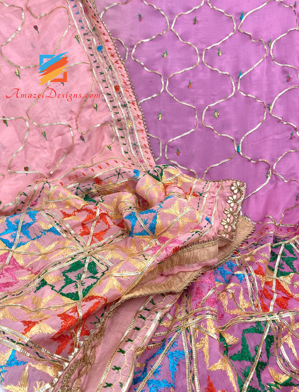 3D Aari Work Pink Peach Shades Phulkari Gotta Patti Lace