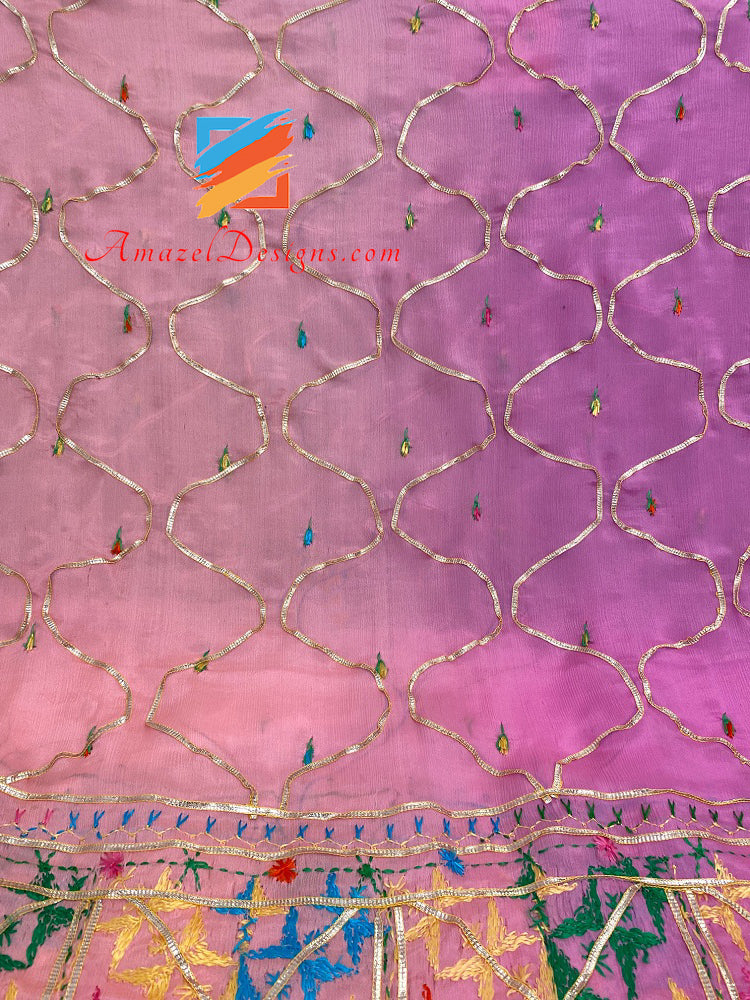 3D Aari Work Pink Peach Shades Phulkari Gotta Patti Lace