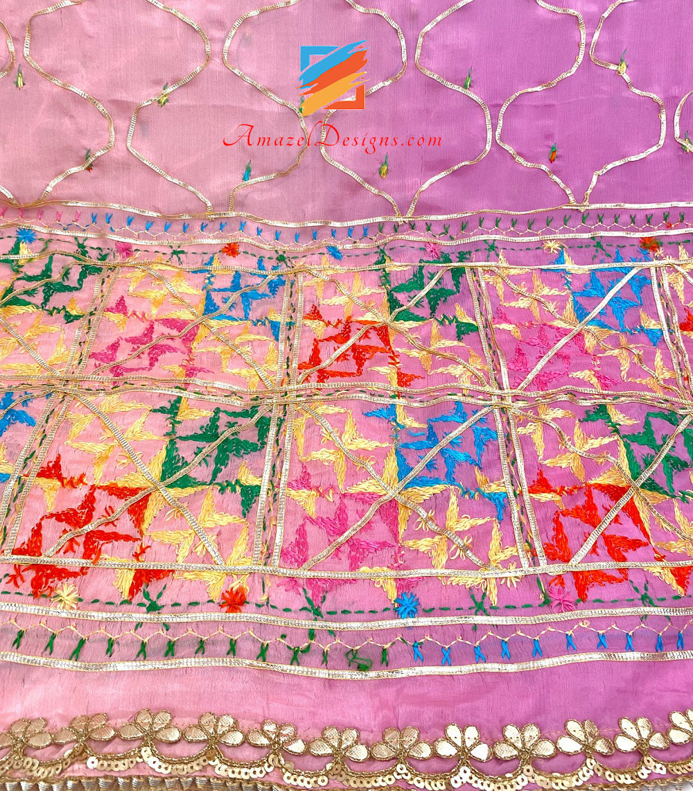 3D Aari Work Pink Peach Shades Phulkari Gotta Patti Lace