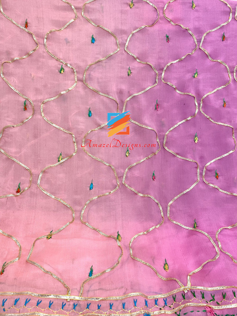 3D Aari Work Pink Peach Shades Phulkari Gotta Patti Lace