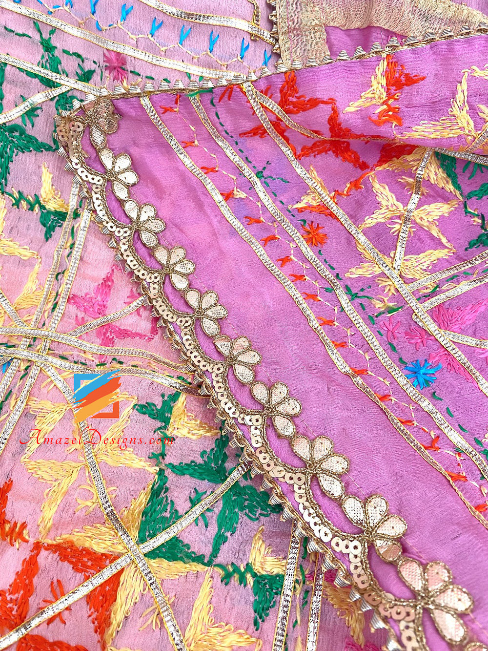 3D Aari Work Pink Peach Shades Phulkari Gotta Patti Lace