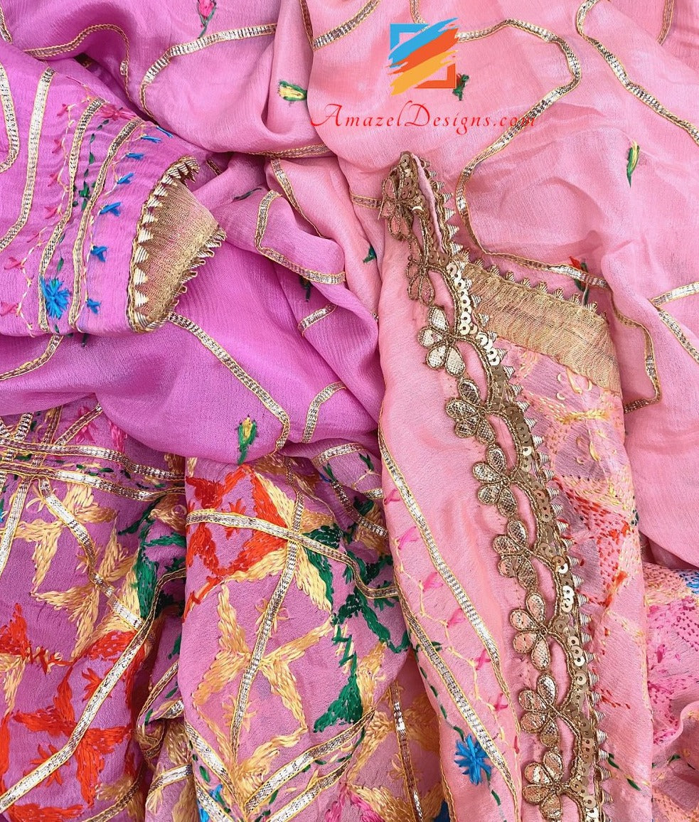 3D Aari Work Pink Peach Shades Phulkari Gotta Patti Lace