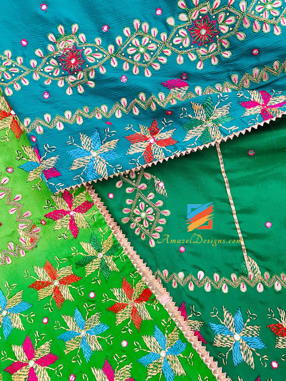 4D Gotta Patti Mirrors Tilla 🦜 Mix Shades Of Greens Duppatta