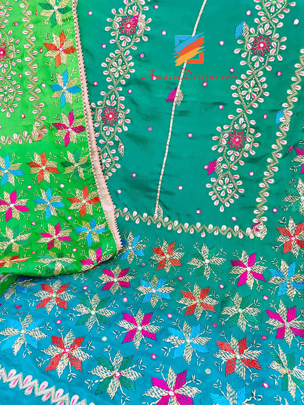 4D Gotta Patti Mirrors Tilla 🦜 Mix Shades Of Greens Duppatta