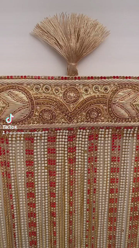 Dabka Work Sehra With Layers Of Red Golden Crystals And Beads