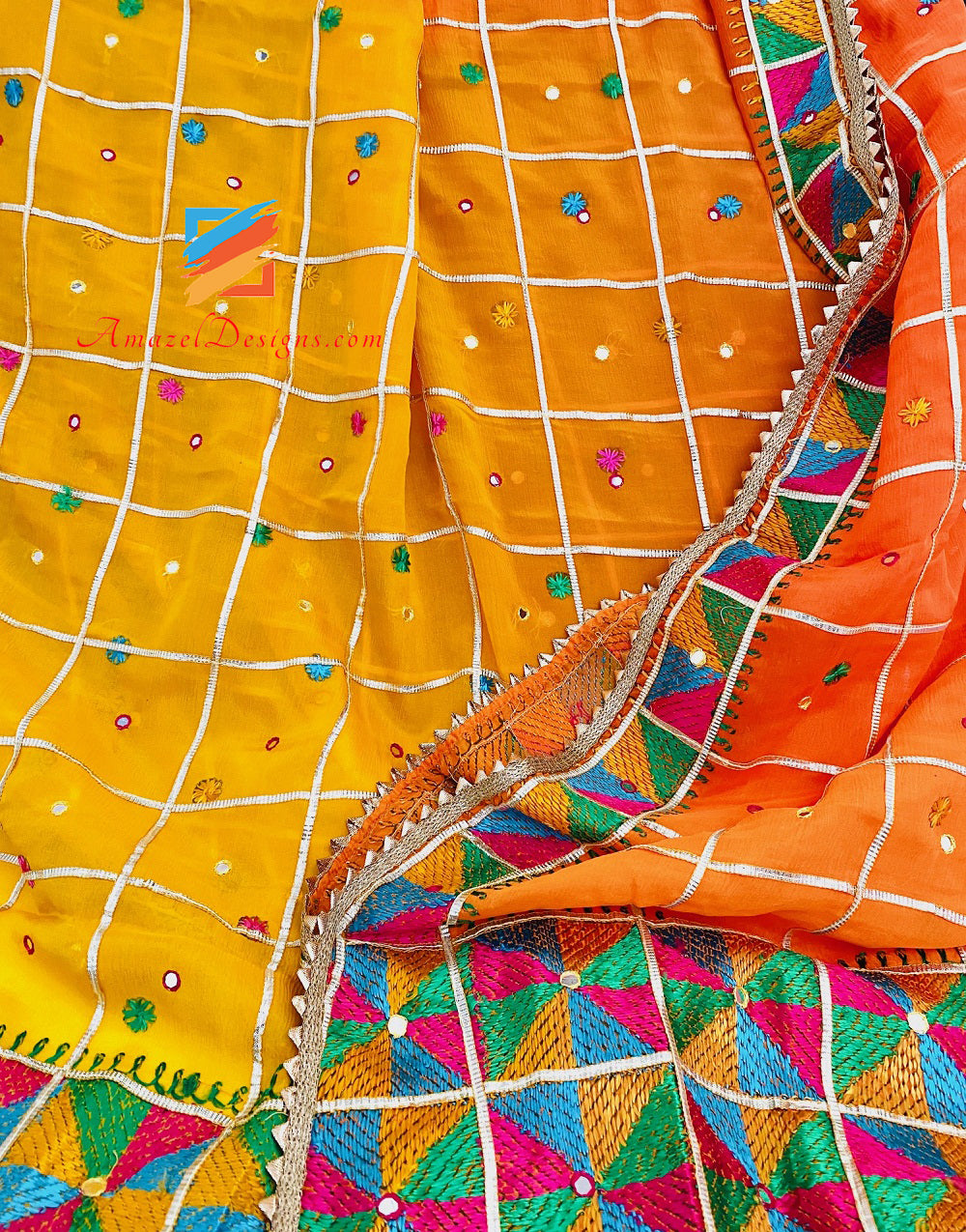 4D Aari Mirror Work Orange Yellow Shades Fulkari