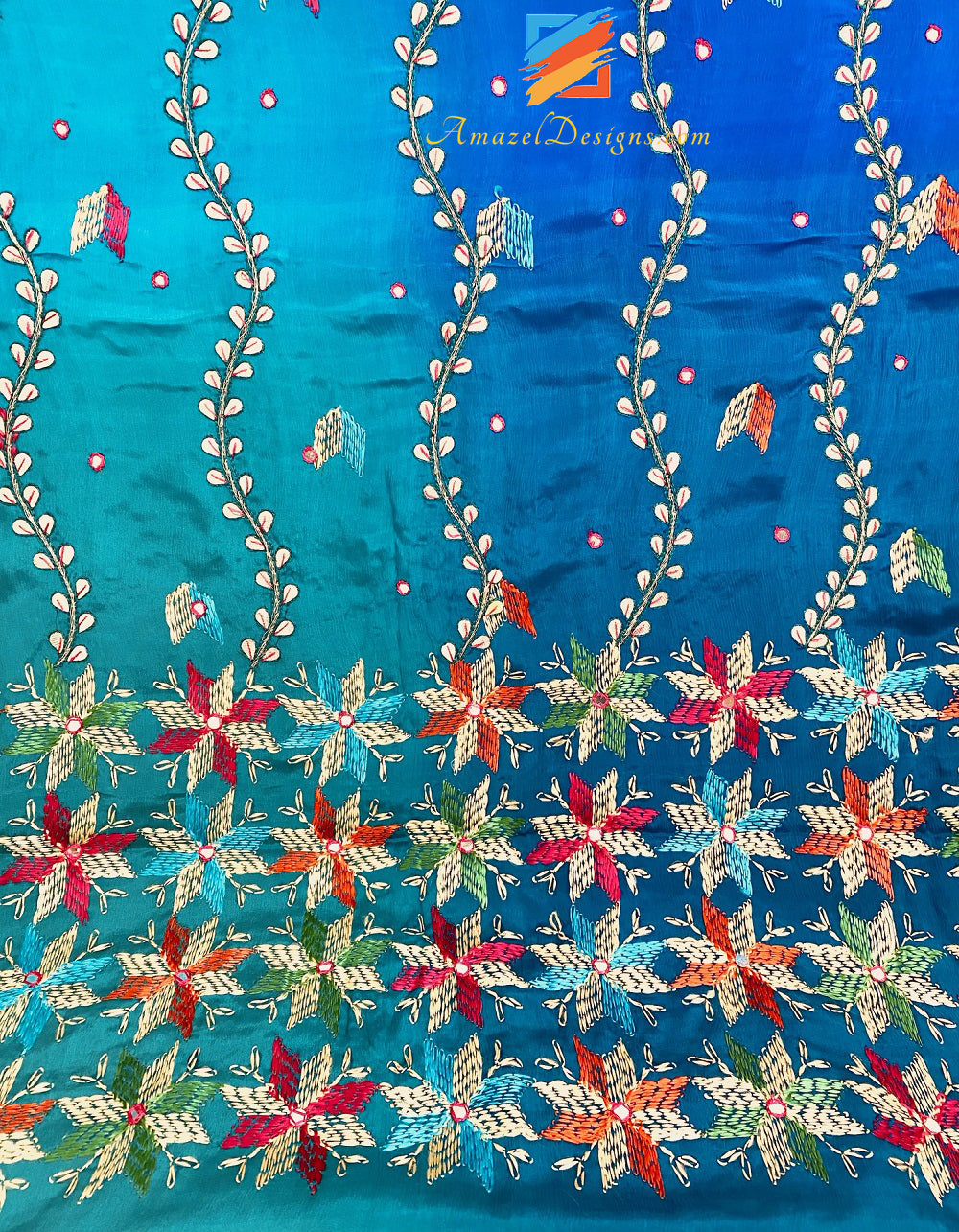 4D Blue Shades Gotta Patti Mirror Phulkari