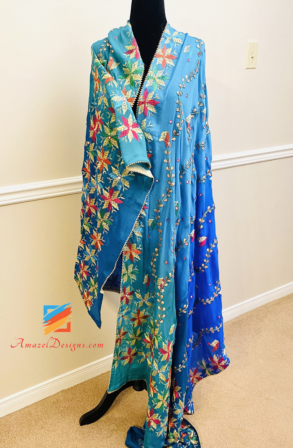 4D Blue Shades Gotta Patti Mirror Phulkari