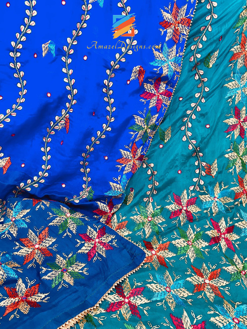 4D Blue Shades Gotta Patti Mirror Phulkari