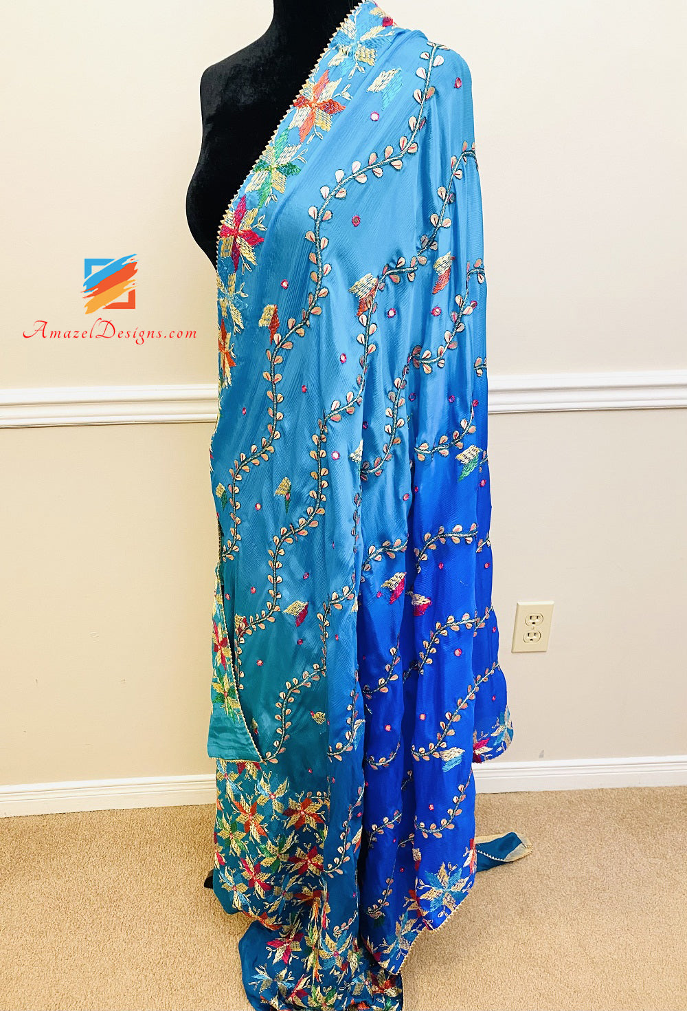 4D Blue Shades Gotta Patti Mirror Phulkari