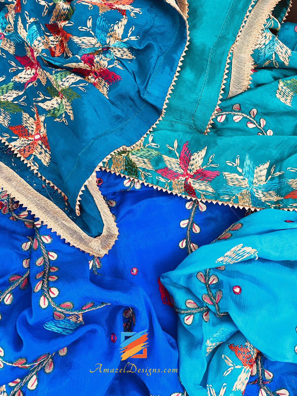 4D Blue Shades Gotta Patti Mirror Phulkari