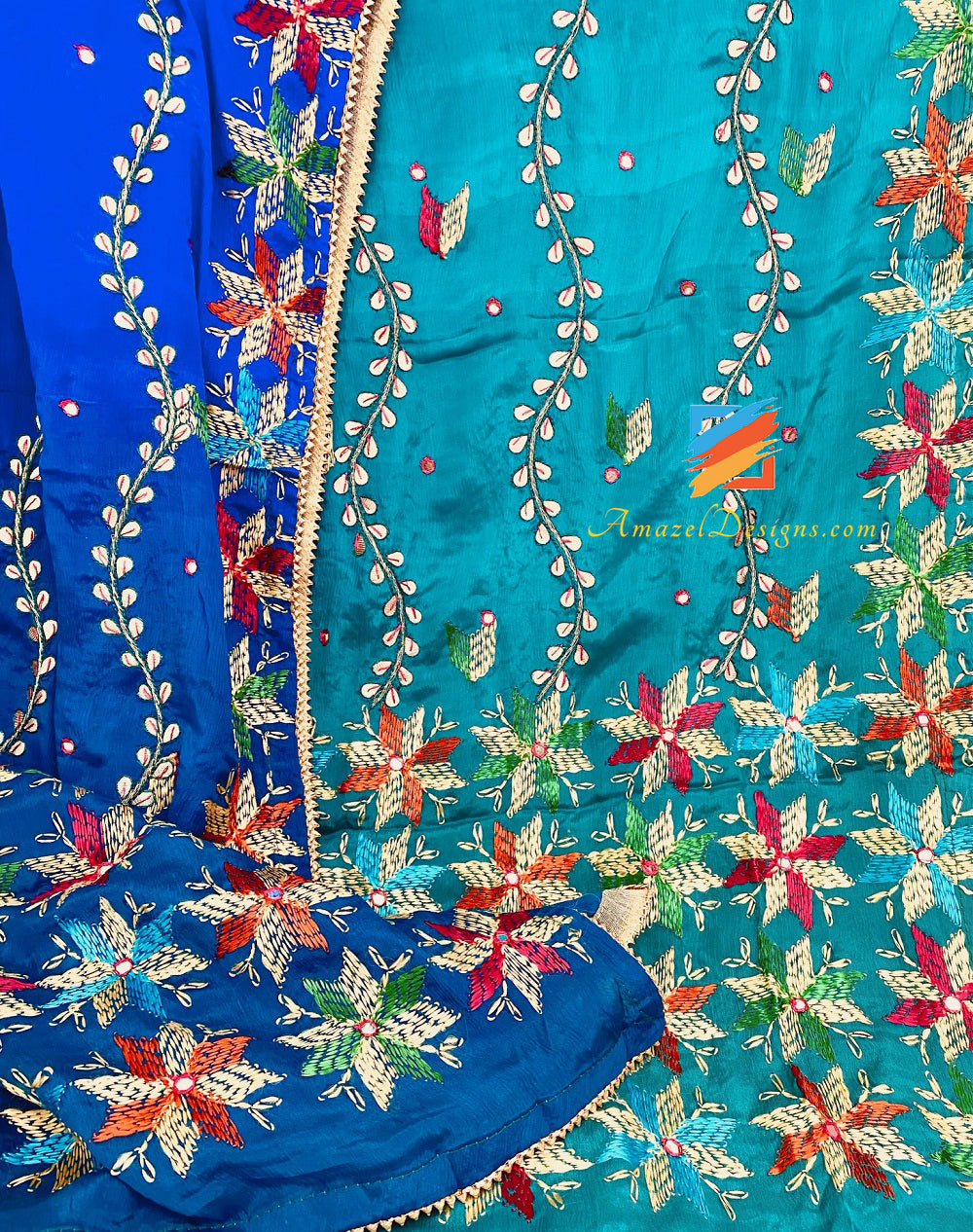 4D Blue Shades Gotta Patti Mirror Phulkari