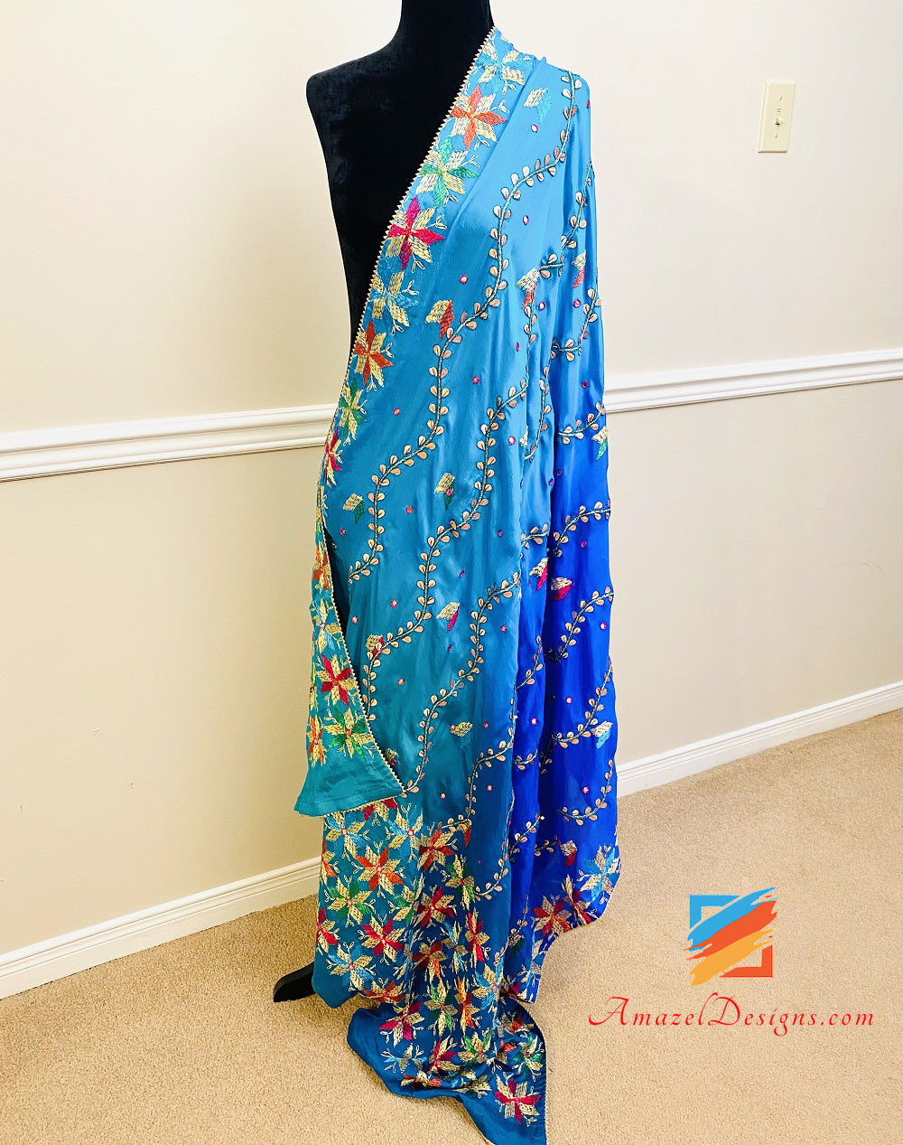 4D Blue Shades Gotta Patti Mirror Phulkari