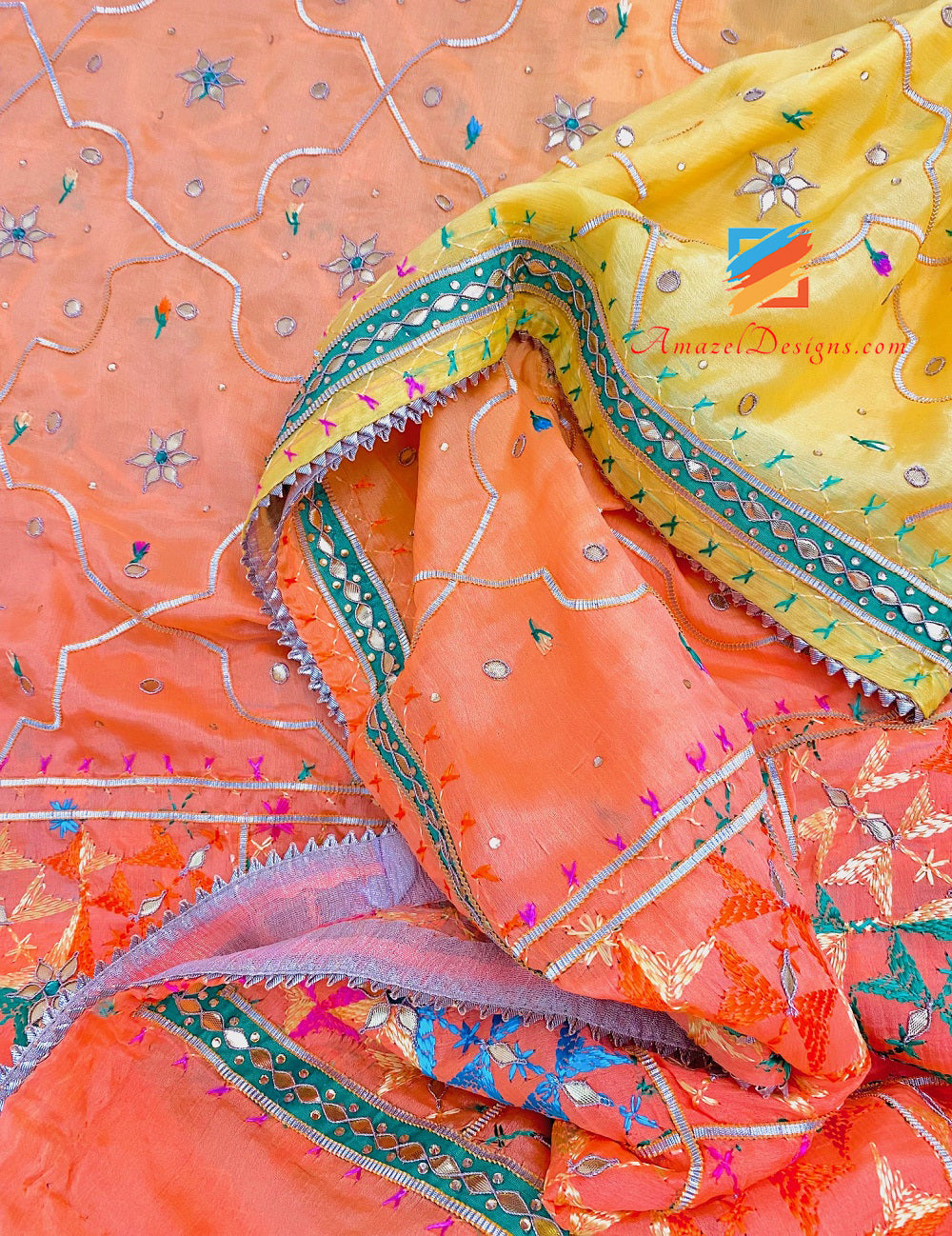 4D Peachy Orange Yellow Shaded Aari Gotta Patti Kundan Specchio Phulkari