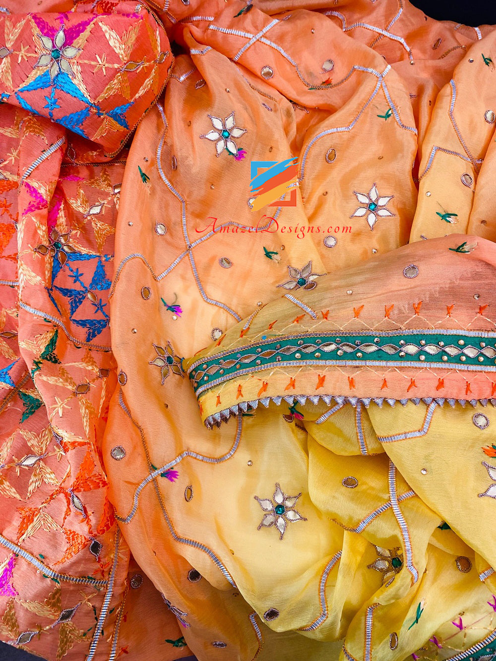 4D Peachy Orange Yellow Shaded Aari Gotta Patti Kundan Specchio Phulkari