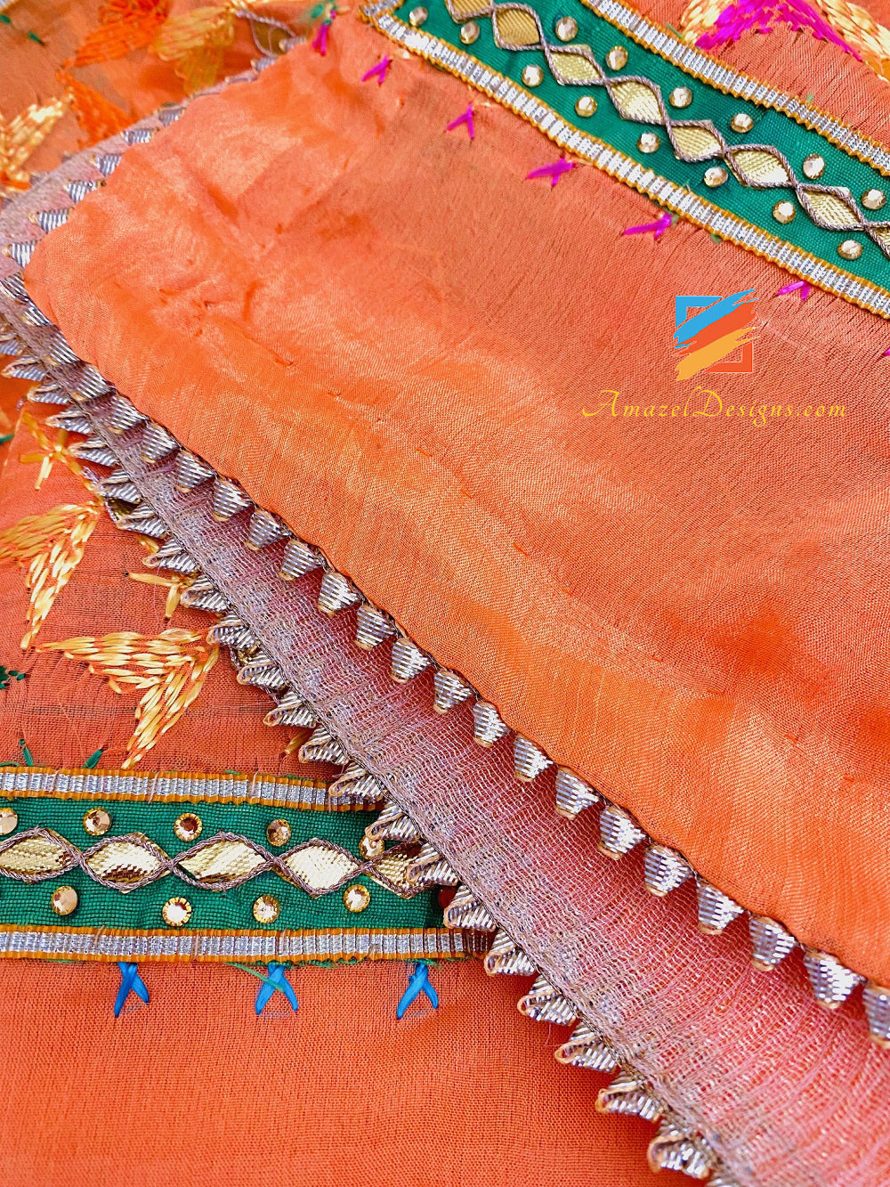 4D Peachy Orange Yellow Shaded Aari Gotta Patti Kundan Specchio Phulkari