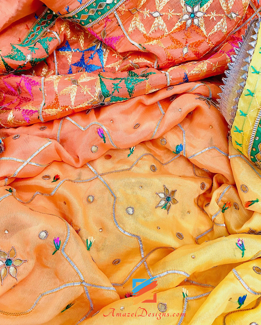 4D Peachy Orange Yellow Shaded Aari Gotta Patti Kundan Specchio Phulkari