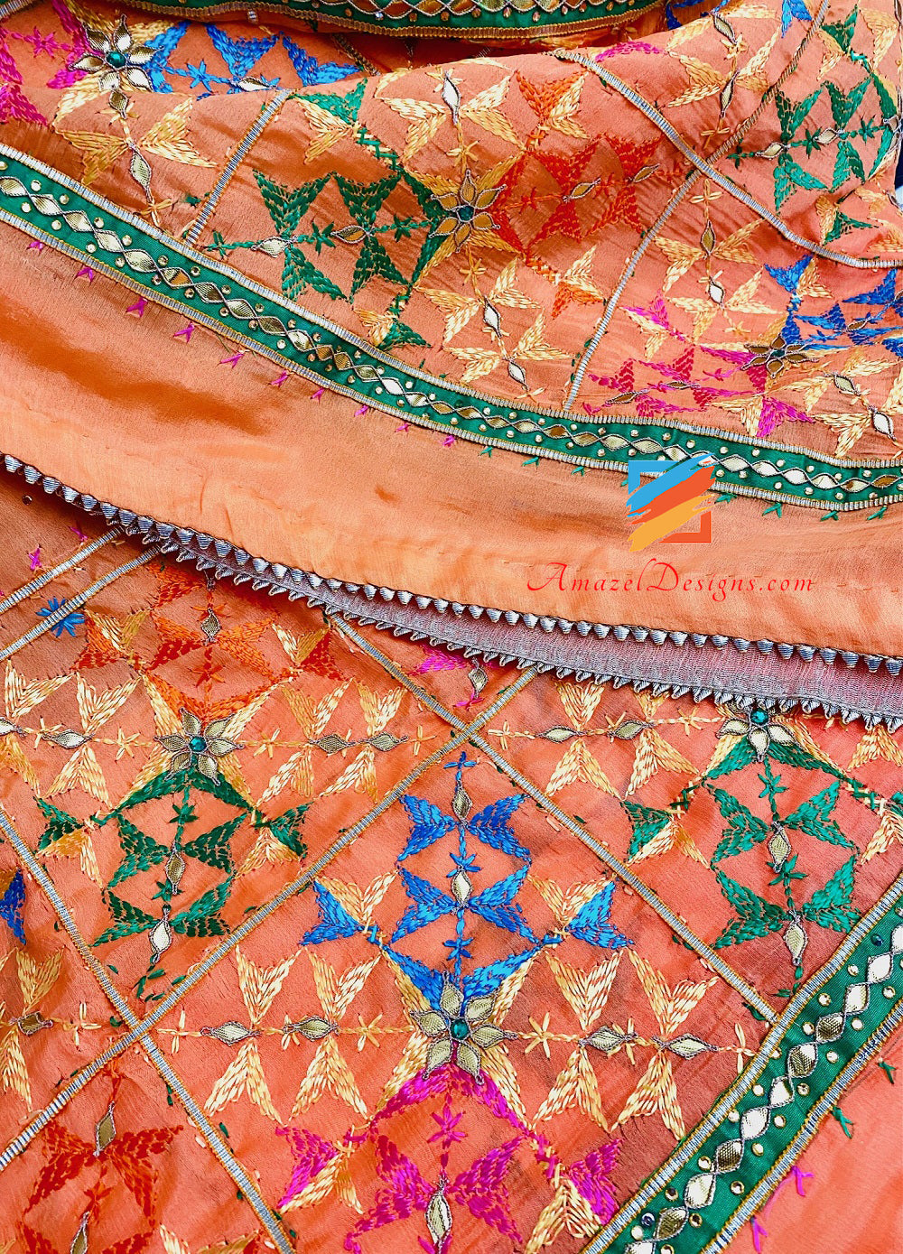 4D Peachy Orange Yellow Shaded Aari Gotta Patti Kundan Specchio Phulkari