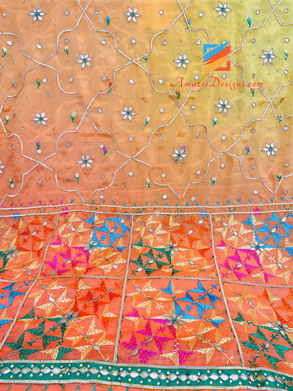 4D Peachy Orange Yellow Shaded Aari Gotta Patti Kundan Specchio Phulkari