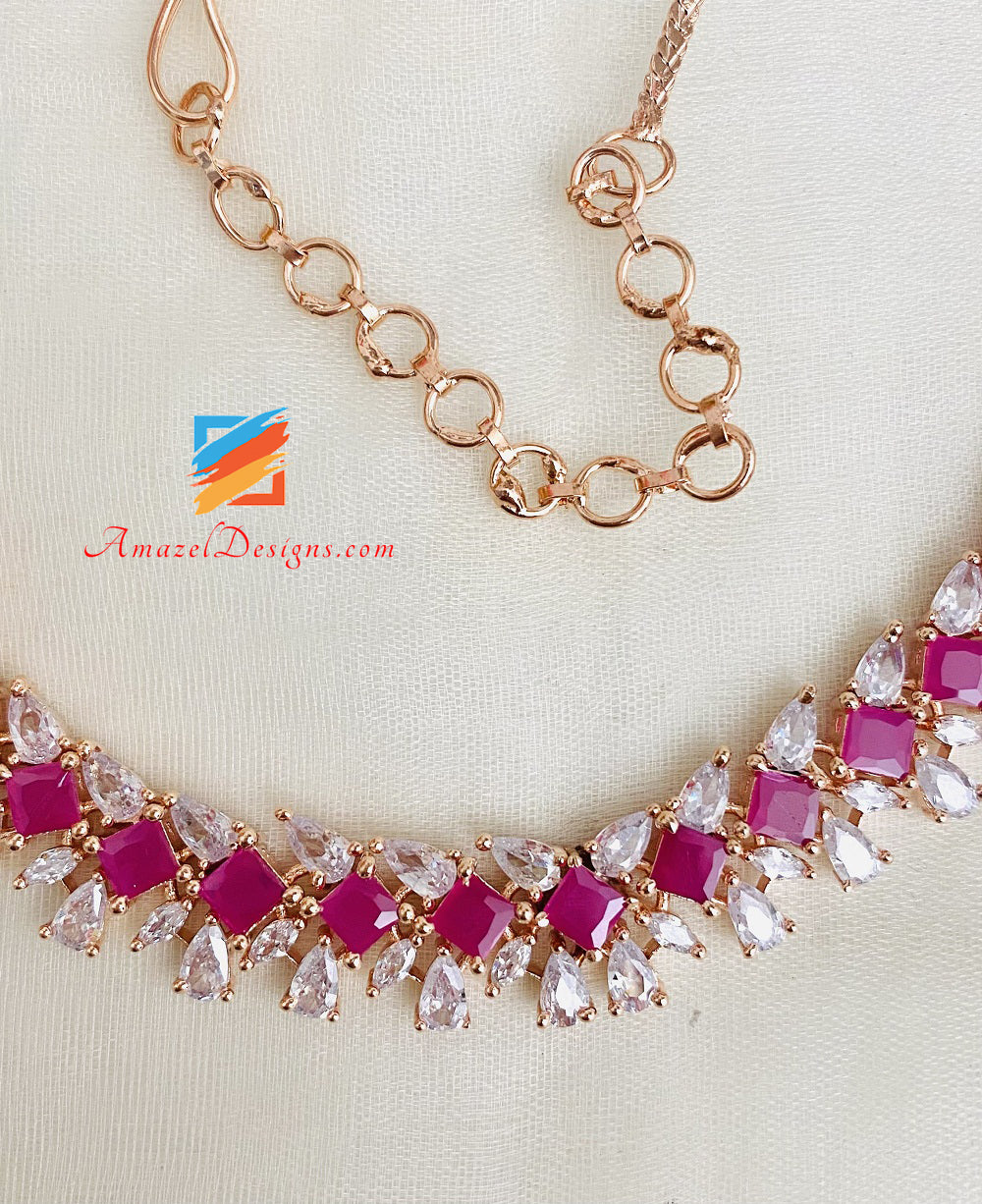 American Diamond Magenta (Hot Pink) Single Line Necklace