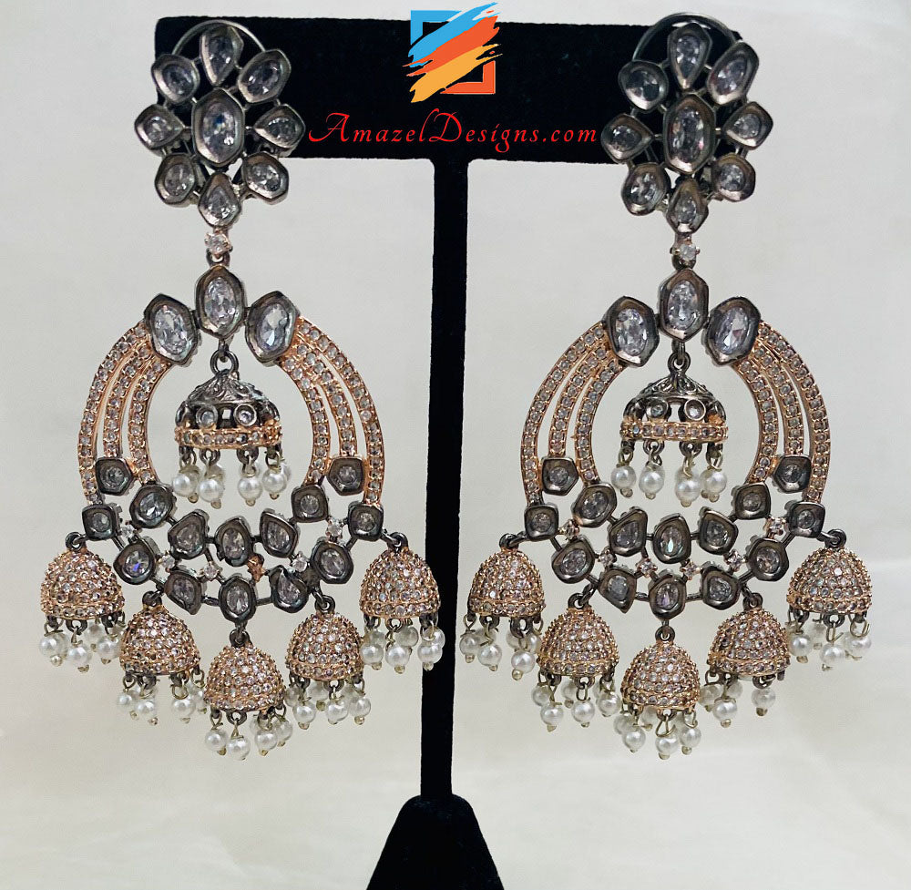 American Diamond AD Rose Gold Oxidized Earrings Small Jhoomkis