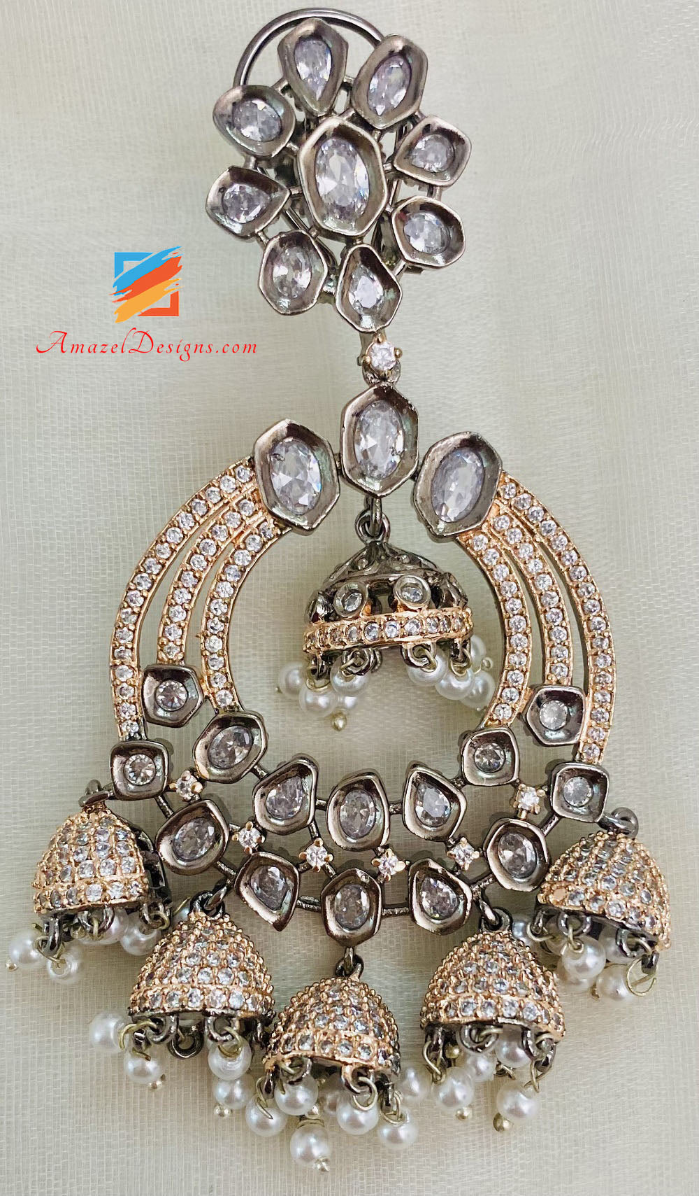 American Diamond AD Rose Gold Oxidized Earrings Small Jhoomkis