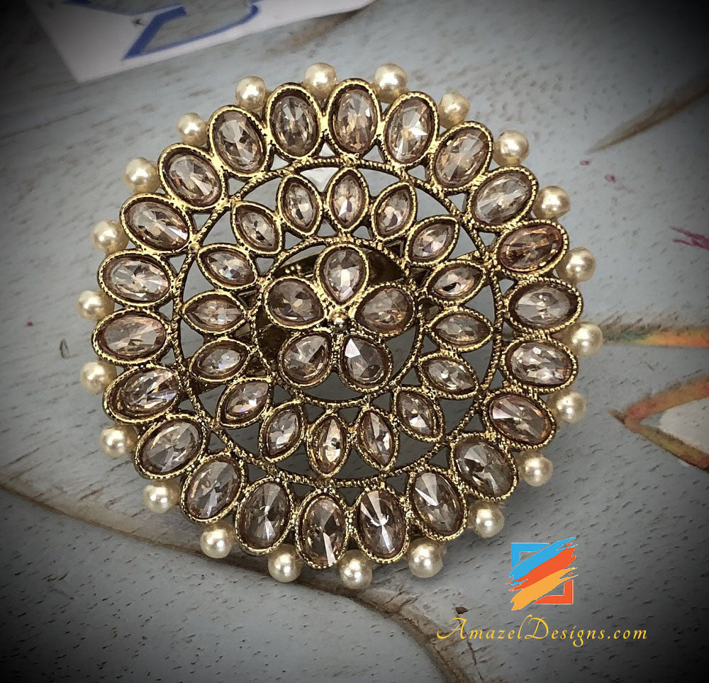 Oversized Polki Ring with Cream Beads Adjustable