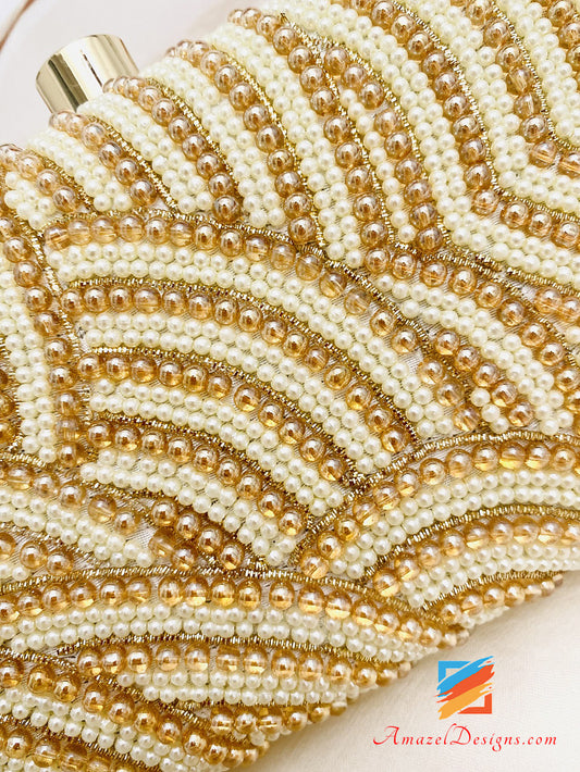 All Over Golden And White Beads Work Clutch