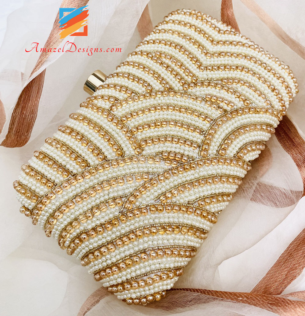 All Over Golden And White Beads Work Clutch
