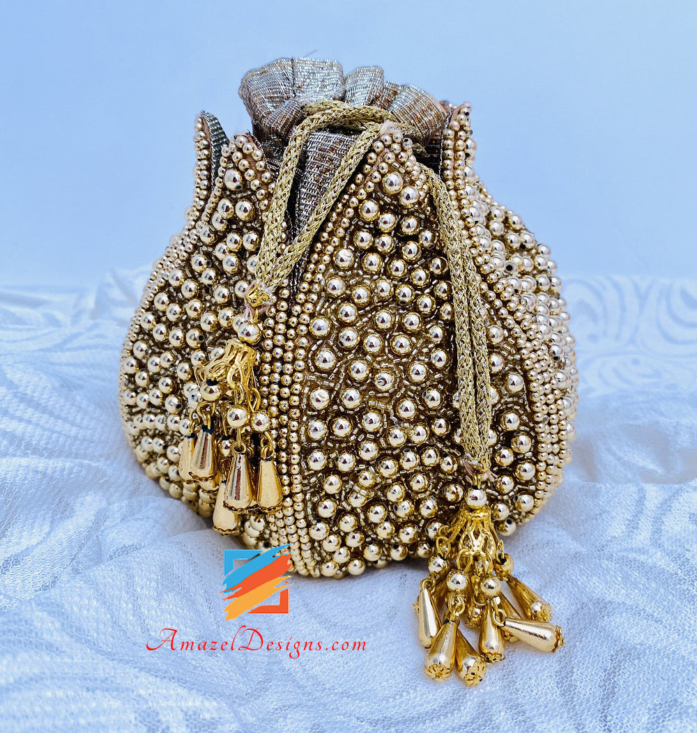 All Over Beads Work Lotus Golden Potli