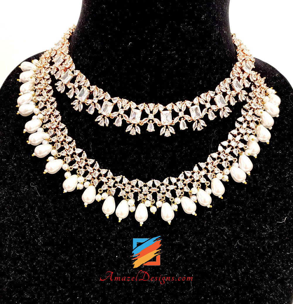 American Diamond AD Rose Gold Double Necklace Earring Tikka Passa Hand Pieces Set