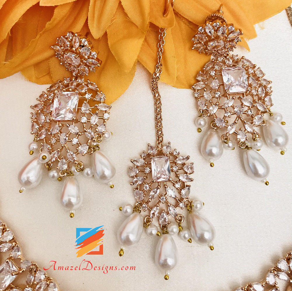 American Diamond AD Rose Gold Double Necklace Earring Tikka Passa Hand Pieces Set