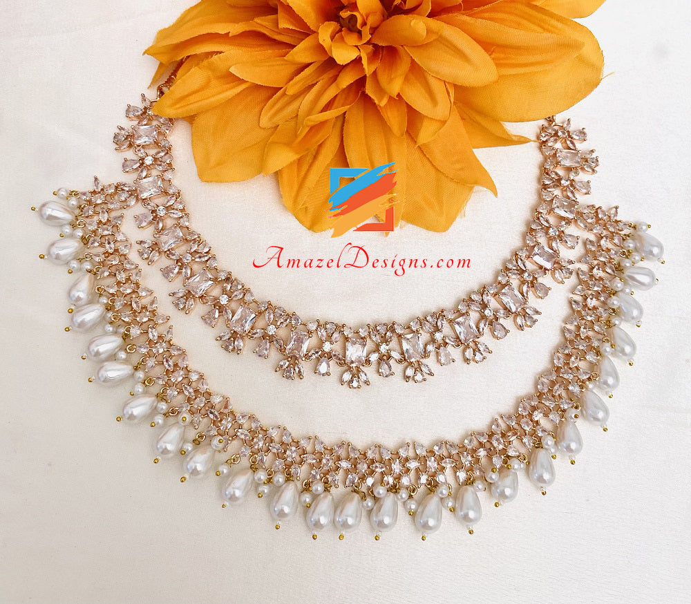 American Diamond AD Rose Gold Double Necklace Earring Tikka Passa Hand Pieces Set