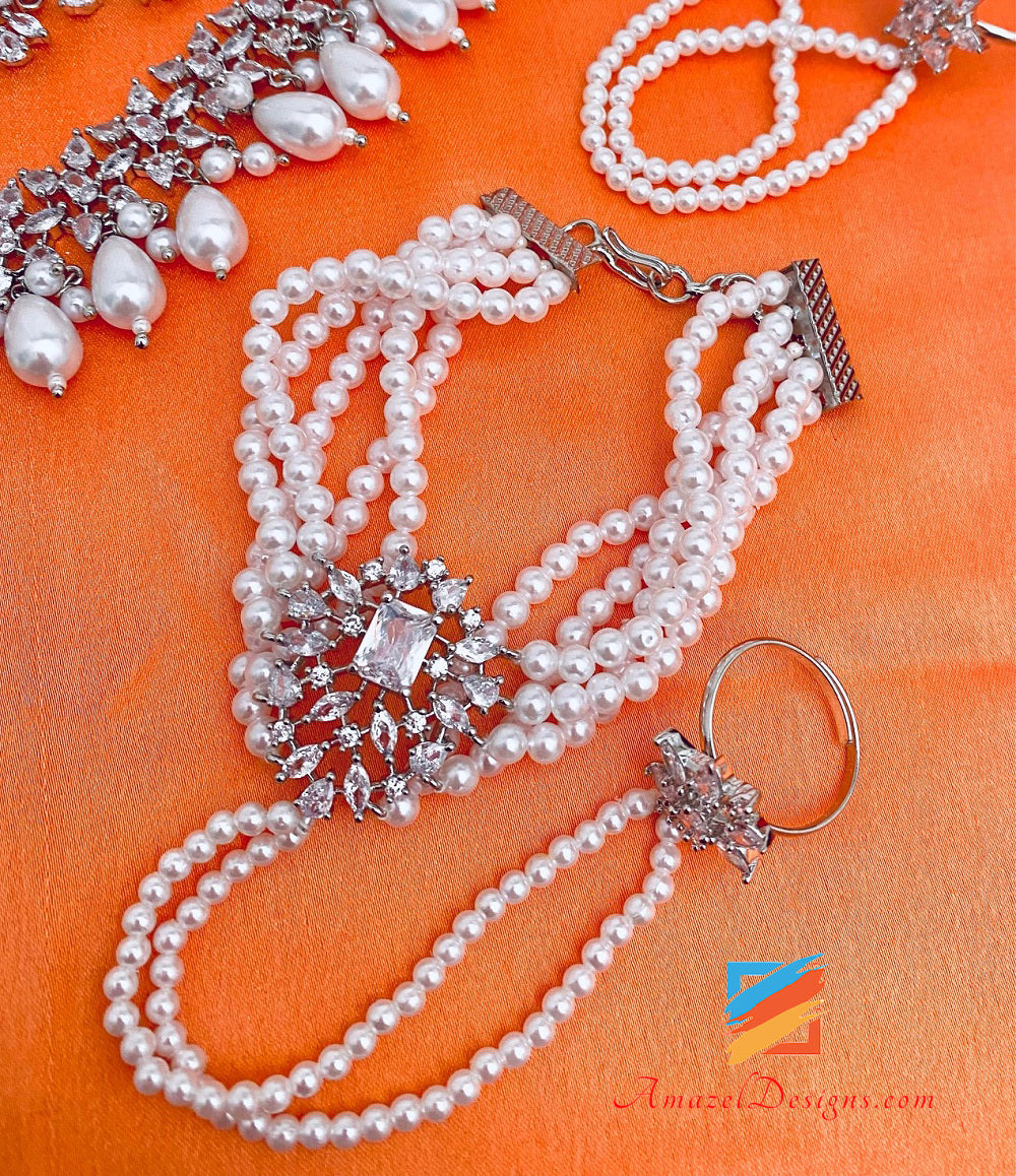 American Diamond AD Silver Double Necklace Earring Tikka Passa Hand Pieces Set