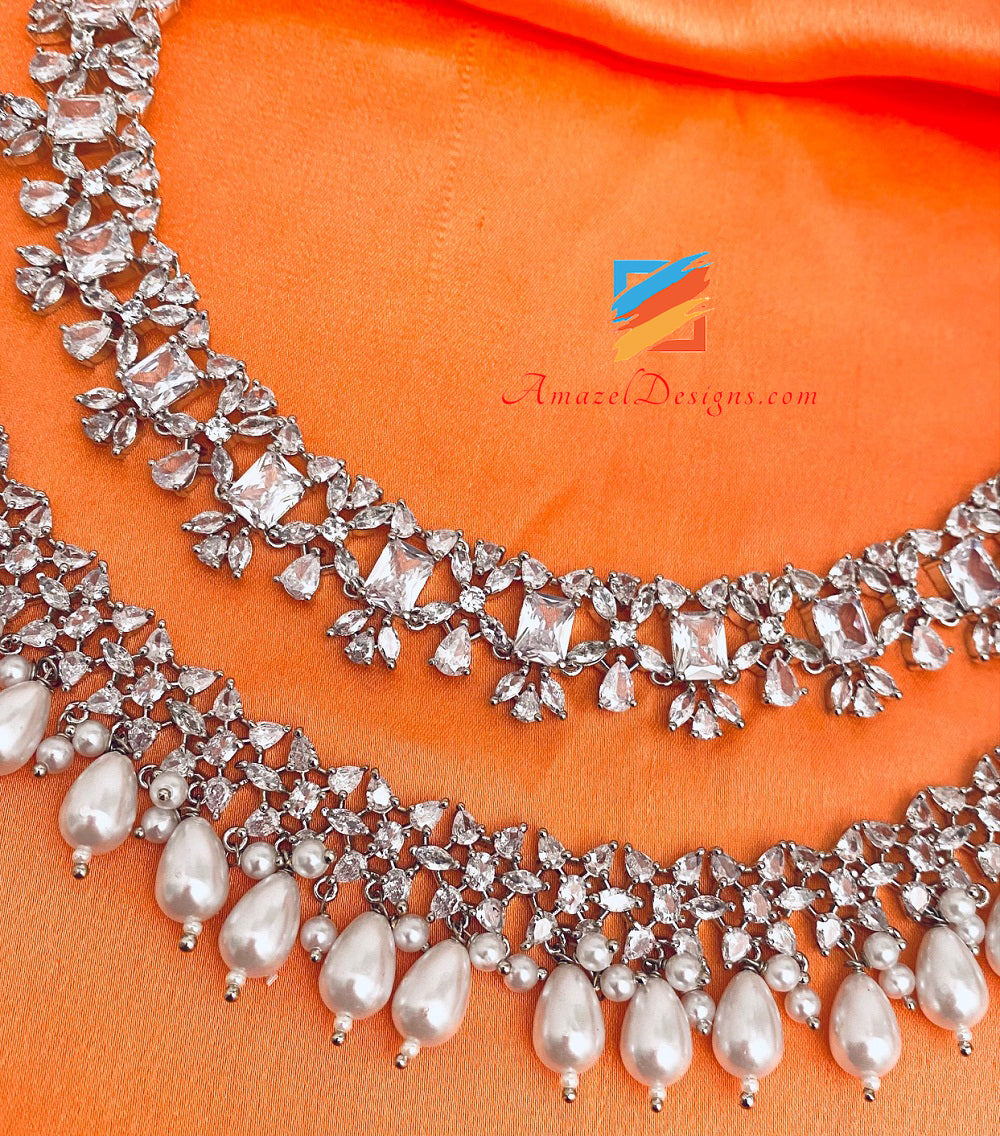 American Diamond AD Silver Double Necklace Earring Tikka Passa Hand Pieces Set