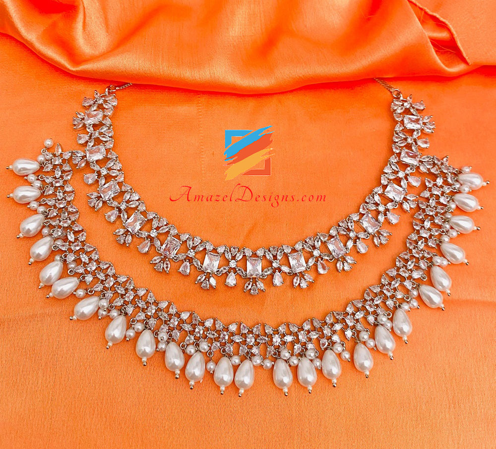 American Diamond AD Silver Double Necklace Earring Tikka Passa Hand Pieces Set