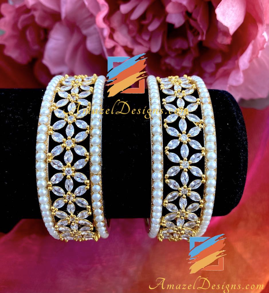 American Diamond AD White Beads Kada Set