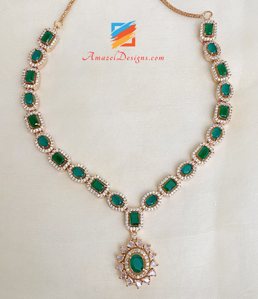 American Diamond Green Collana Orecchini Tikka Set