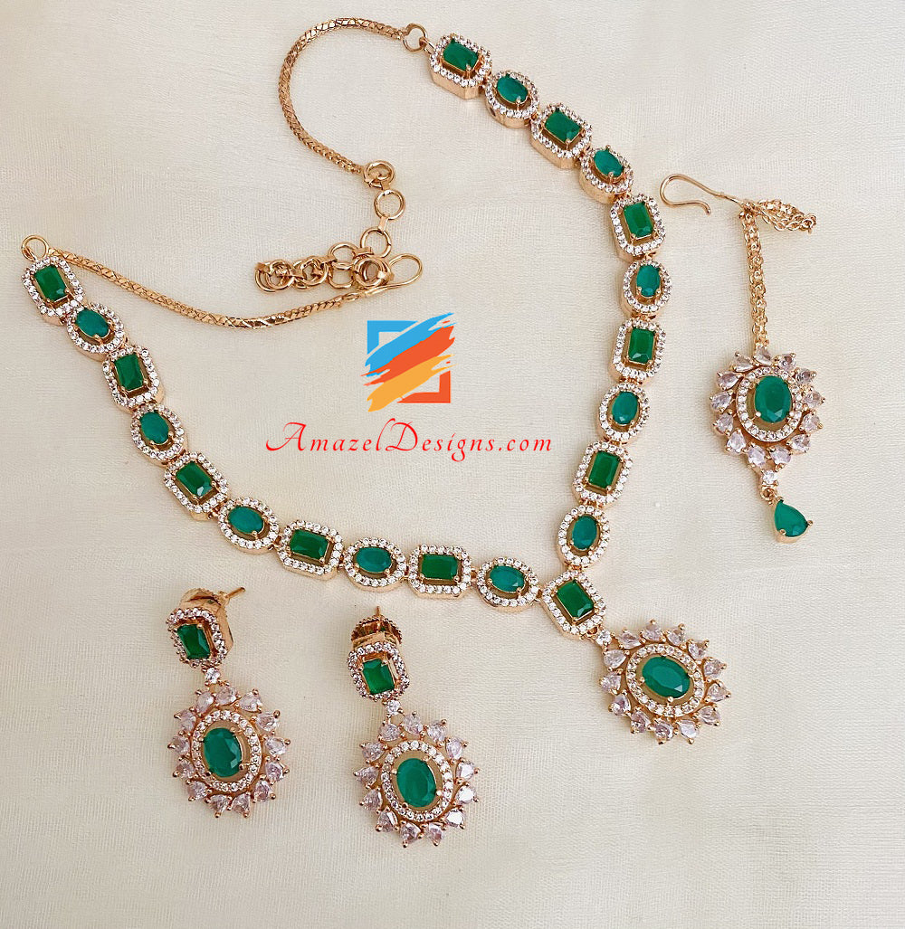 American Diamond Green Collana Orecchini Tikka Set