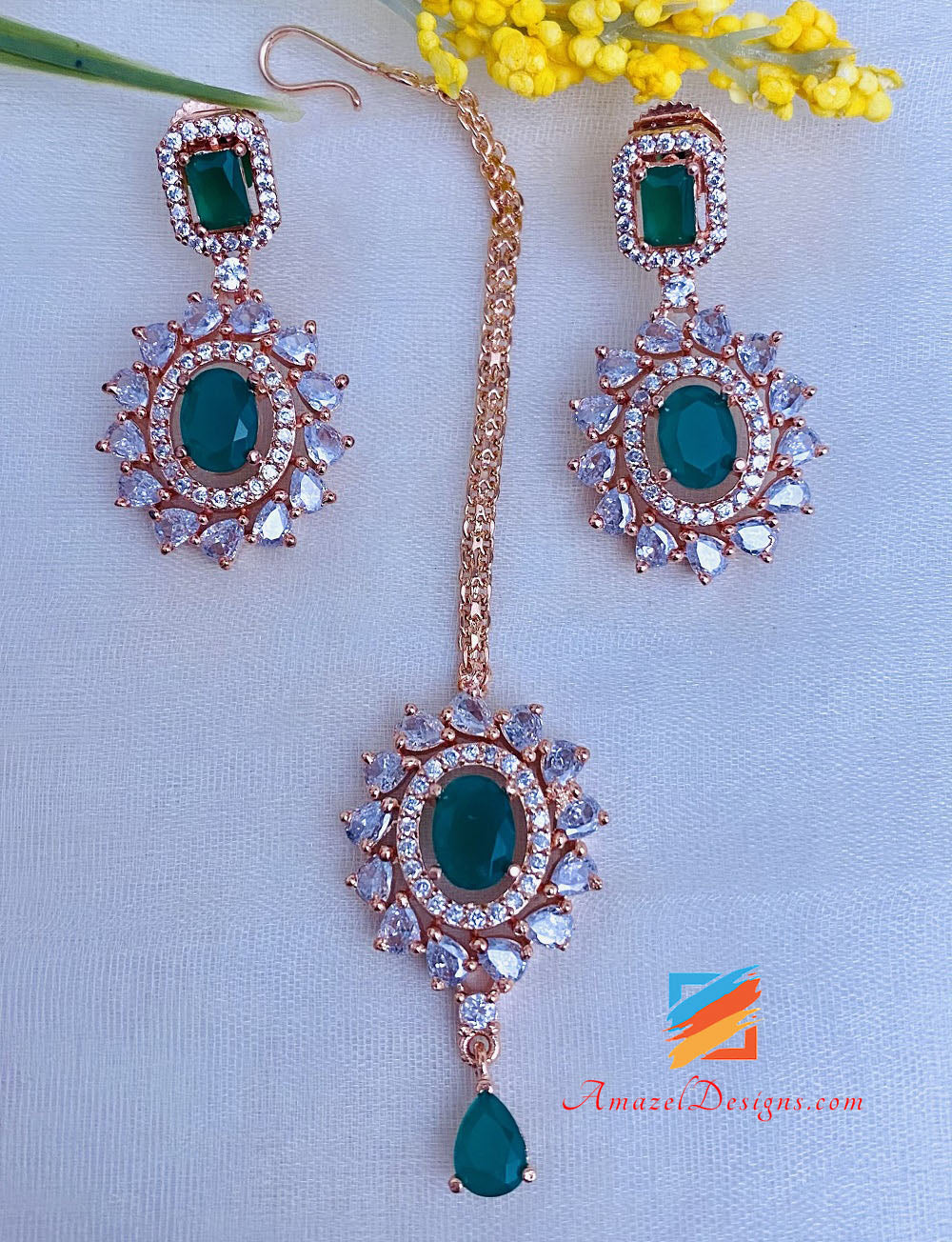 American Diamond Green Collana Orecchini Tikka Set