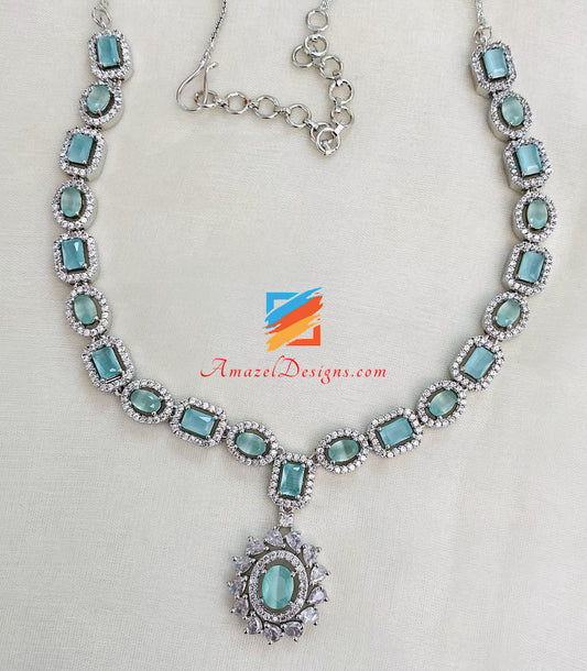 American Diamond Mint Silver Necklace Drop Earrings Tikka Set