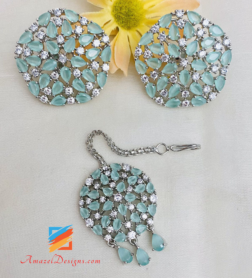 American Diamond Mint Silver Necklace Studs Tikka Set