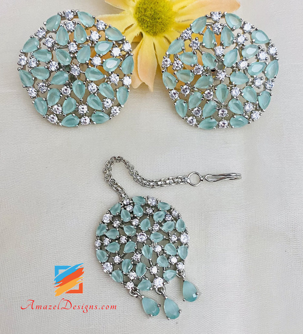 American Diamond Mint Silver Necklace Studs Tikka Set