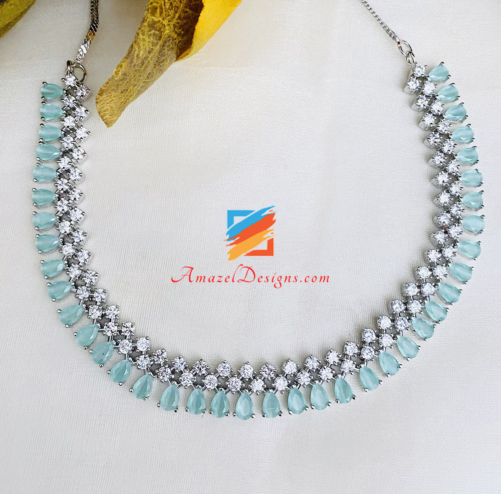 American Diamond Mint Silver Necklace Studs Tikka Set