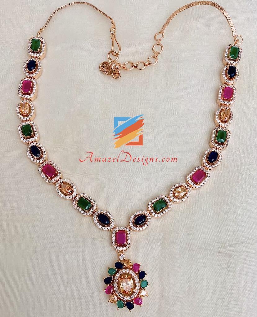 American Diamond Multicolored Necklace Earrings Tikka Set