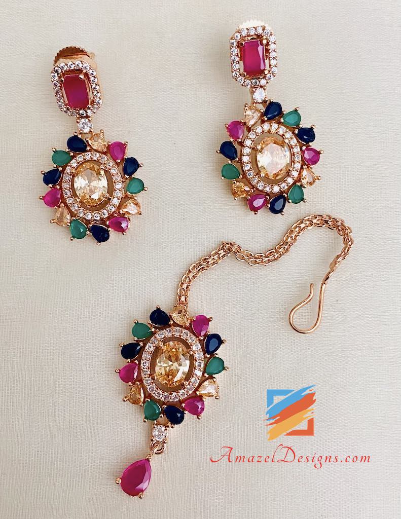 American Diamond Multicolored Necklace Earrings Tikka Set